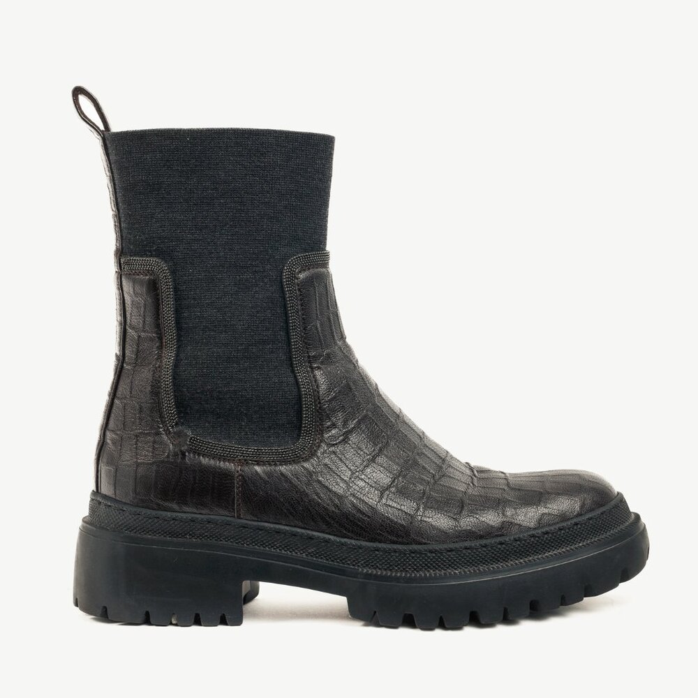 Brunello Cucinelli Black Croc-Embossed Leather Combat Boots